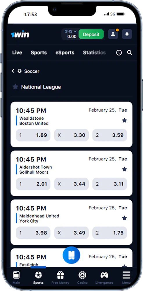 Sports betting on 1win app in Ghana